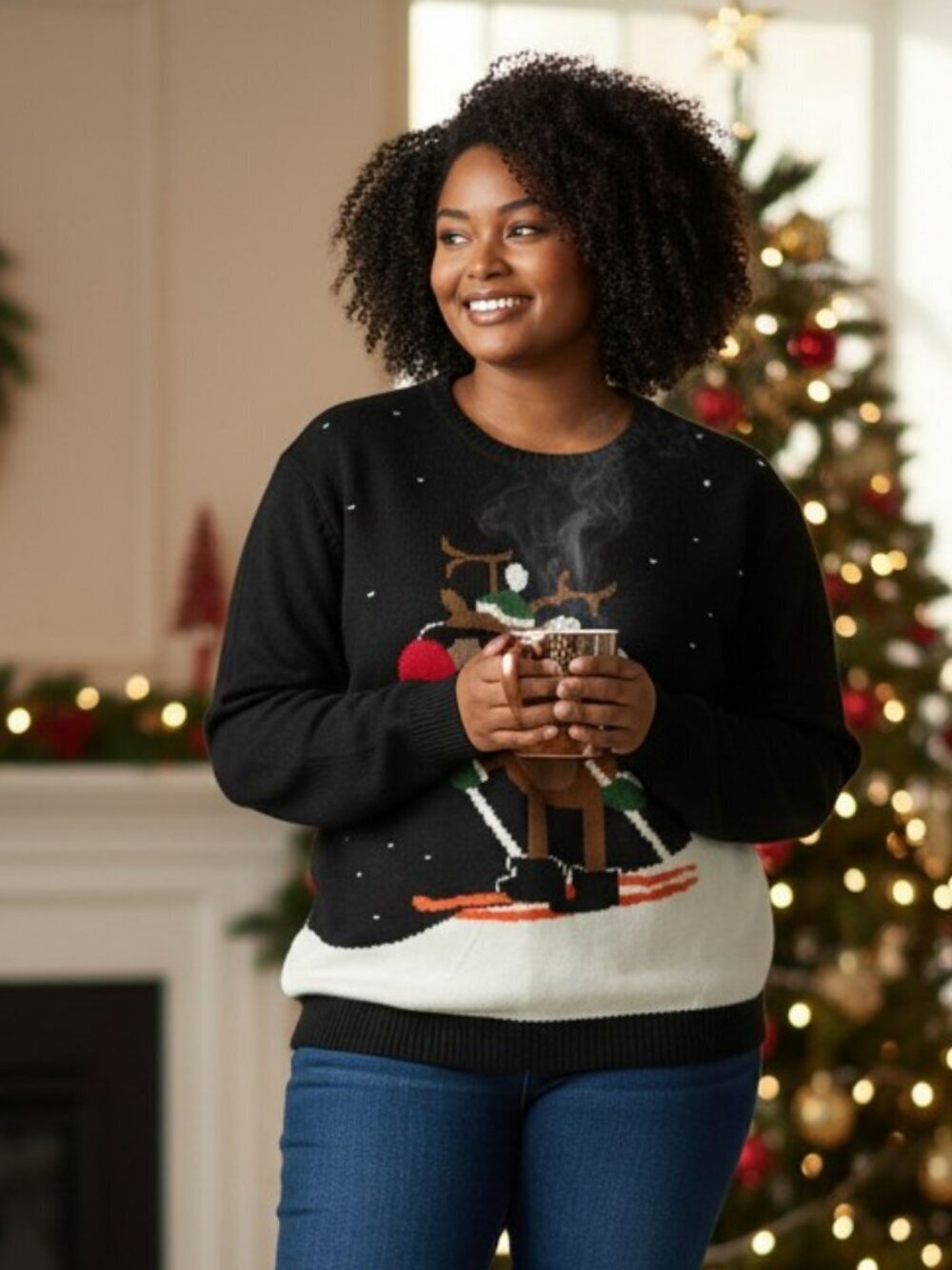 Daisys Boutique Size 2XL Black White Rudolf Reindeer Ski Christmas Sweater
